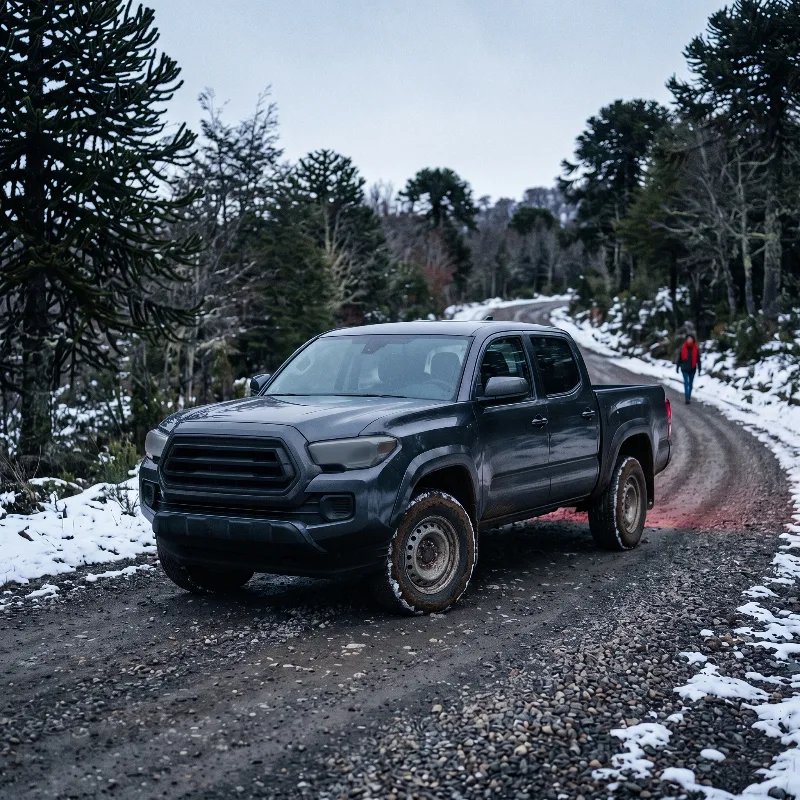 Camioneta doble cabina usada en un camino de ripio con nieve en la cordillera neuquina.